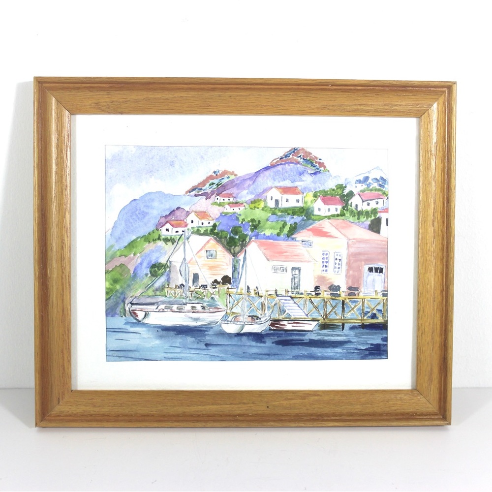 Vintage Framed Watercolour Painting, Harbour Boats, Sailboats Hillside Tropical